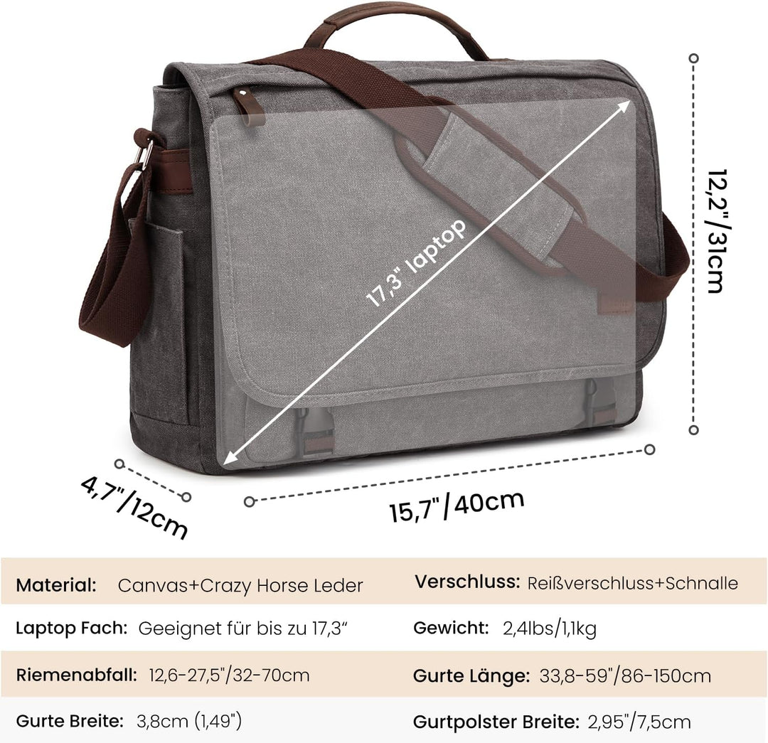 S-ZONE Herren Umhängetasche 17,3 Inch Übergrösse Messenger Bag Canvas Laptoptasche Aktentasche Schul