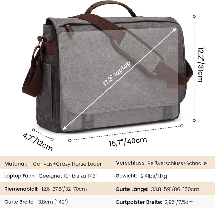 S-ZONE Herren Umhängetasche 17,3 Inch Übergrösse Messenger Bag Canvas Laptoptasche Aktentasche Schul