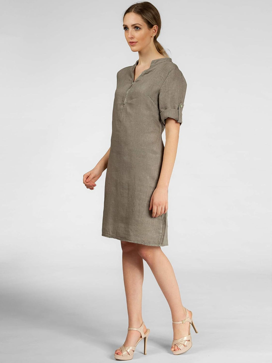 Caspar SKL037 stylisches knielanges Damen Sommer Leinenkleid mit Reissverschluss Ausschnitt 36 Taupe