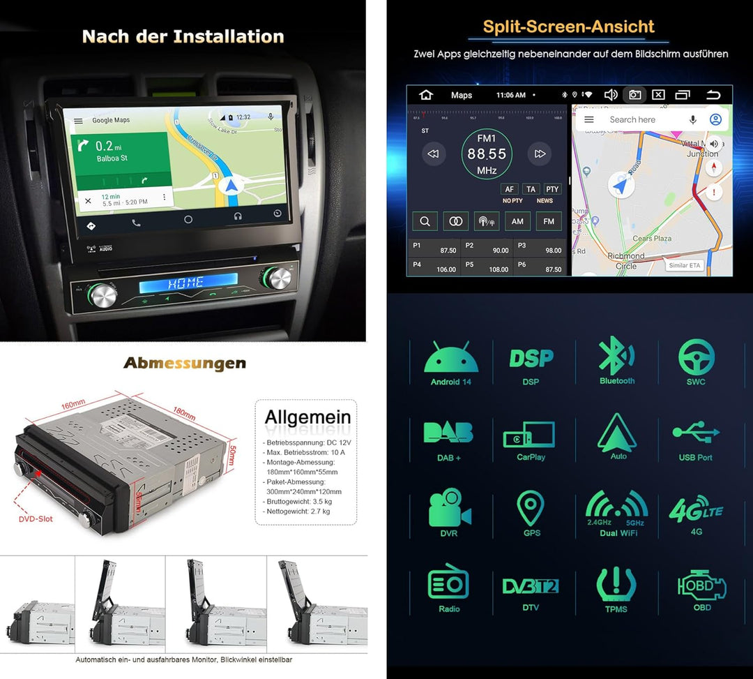 Erisin 7 Zoll 8-Kern Android 14 4GB+64GB Abnehmbar 1Din Universal DVD Autoradio mit GPS Navi HD Touc