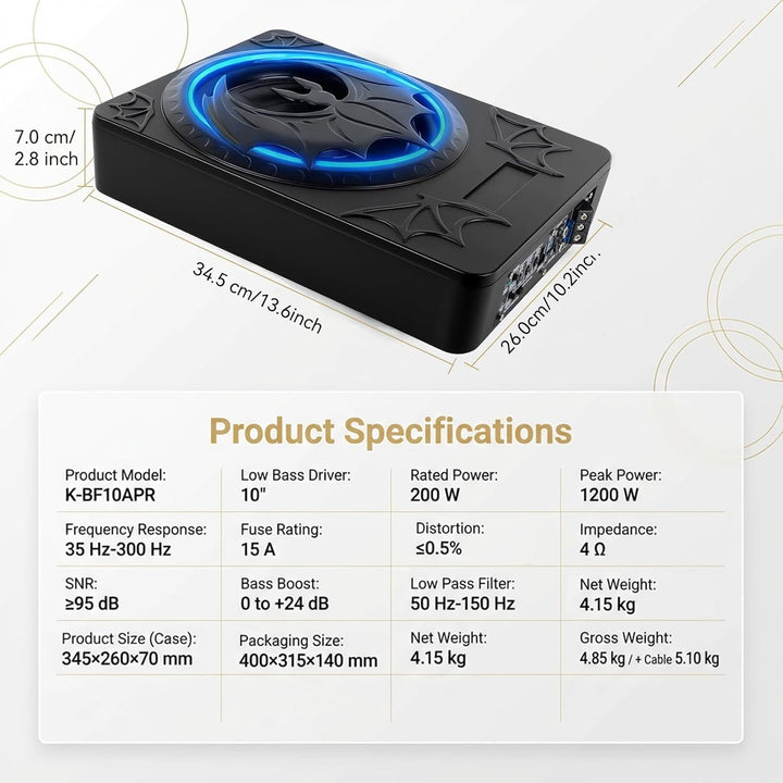 SIXWIN 1200W Subwoofer, 10 Zoll Schlanker Unter-Sitz-Subwoofer für Autos und Verstärker-Paket,Car Au