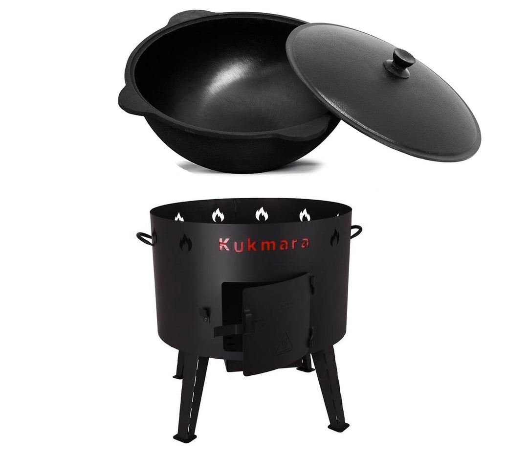 rukauf SET Utschak, 49 cm + 22 Liter Kasan Kazan + Pfannendeckel aus Gusseisen Feldküche Gulasch-Kes