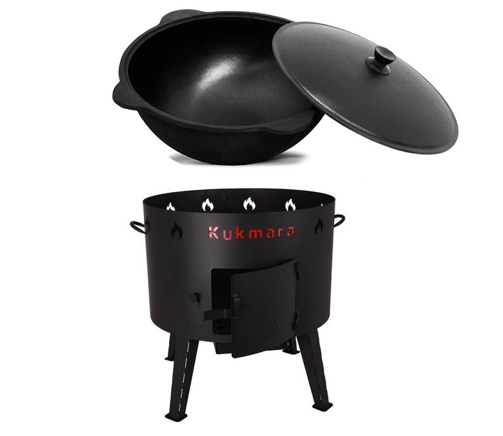 rukauf SET Utschak, 49 cm + 22 Liter Kasan Kazan + Pfannendeckel aus Gusseisen Feldküche Gulasch-Kes