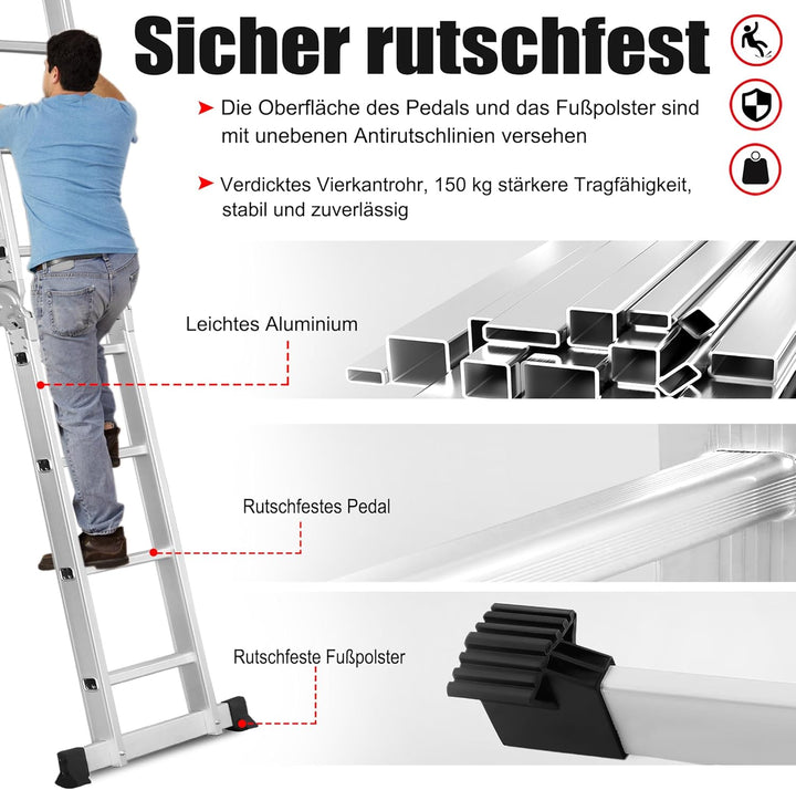 LZQ 4x4 Mehrzweckleiter 470cm 6 in 1 Alu Leiter Vielzweckleiter Klappleiter Haushaltsleiter Arbeitsl