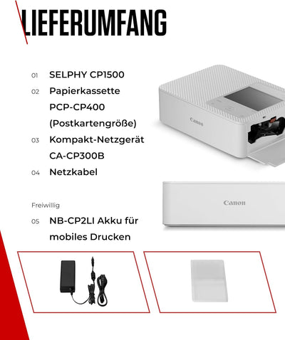 Canon SELPHY CP1500 Mini Fotodrucker mobil tragbar unterwegs (bis Postkartengrösse 10x15cm, WLAN, Ha