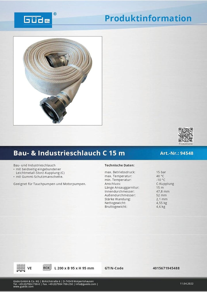 Bau &amp; Industrieschlauch Feuerwehrschlauch 15 Meter