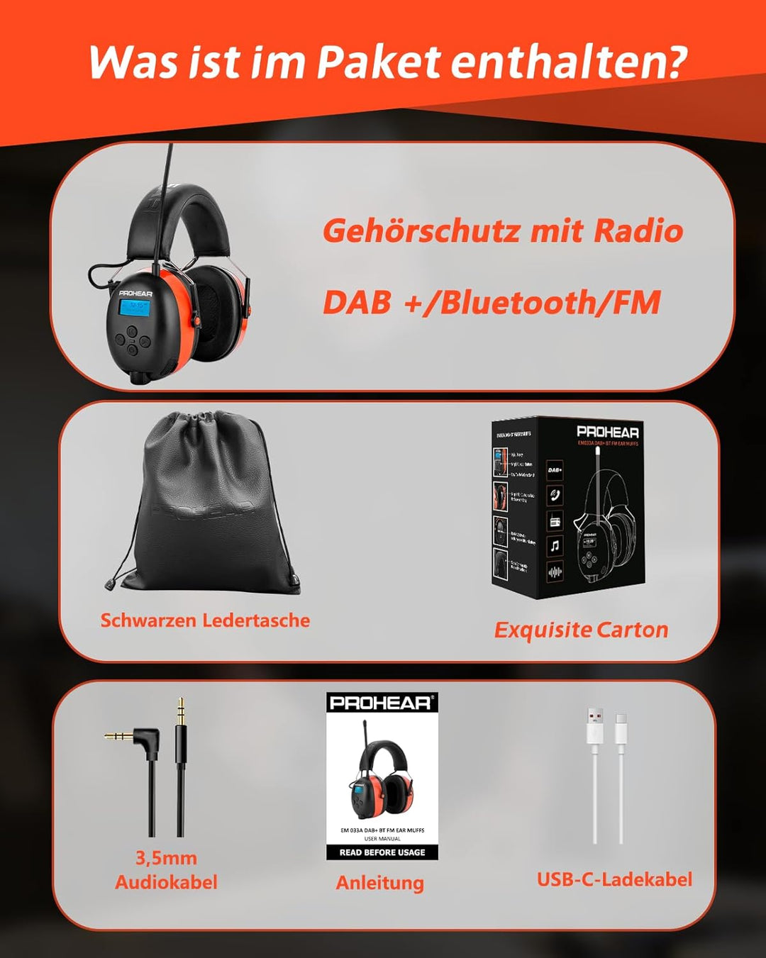 PROHEAR 033A (Upgraded) Gehörschutz mit Radio DAB +/Bluetooth/FM, Kopfhörer mit Radio mit Eingebaute