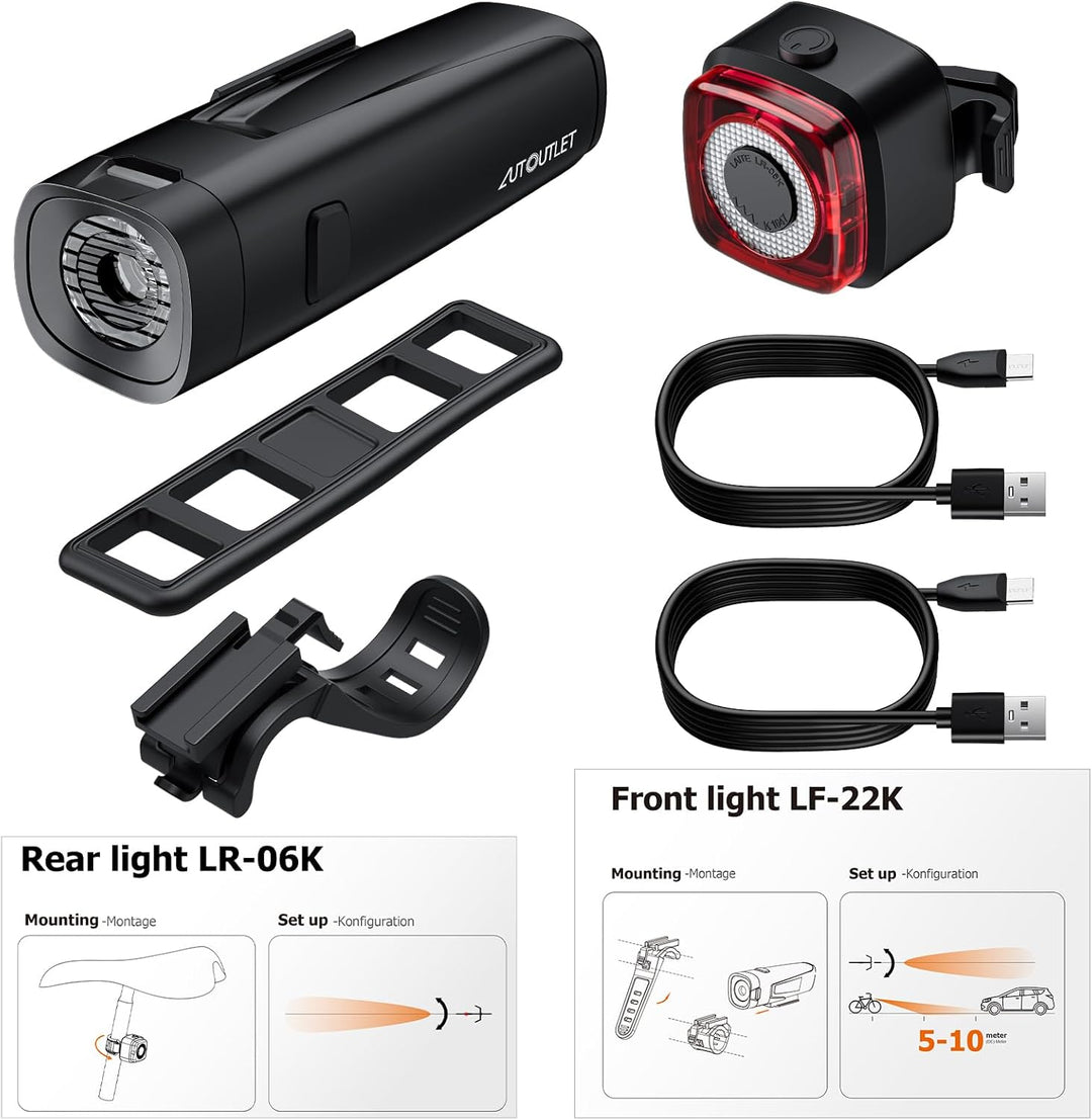 AUTOUTLET Fahrradlicht Set StVZO Zugelassen, 20/40 LUX LED Fahrradbeleuchtung USB-C Aufladbar bis zu