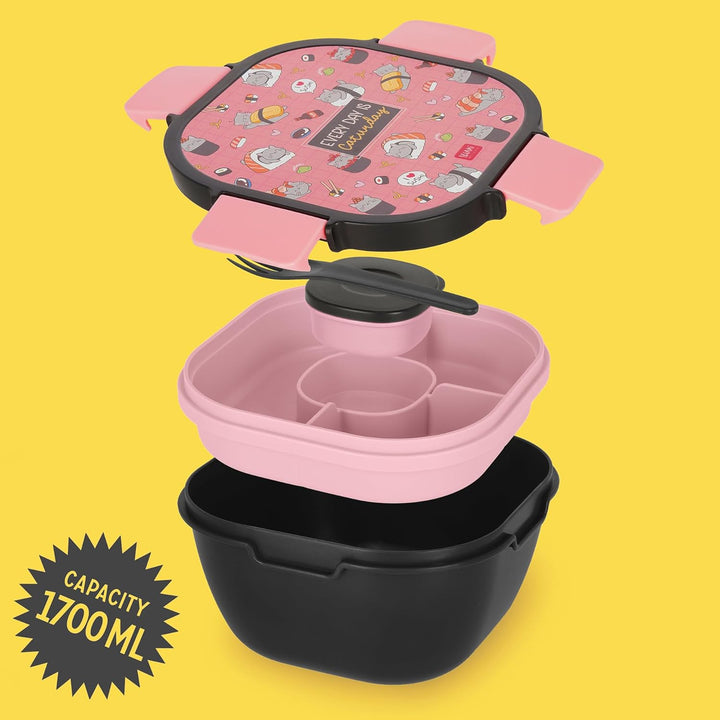 LEGAMI – Lunchbox Sushi Cat, 1 Gabel, 1 Tablett mit Fächern, 1 herausnehmbarer Gewürzbehälter inklus