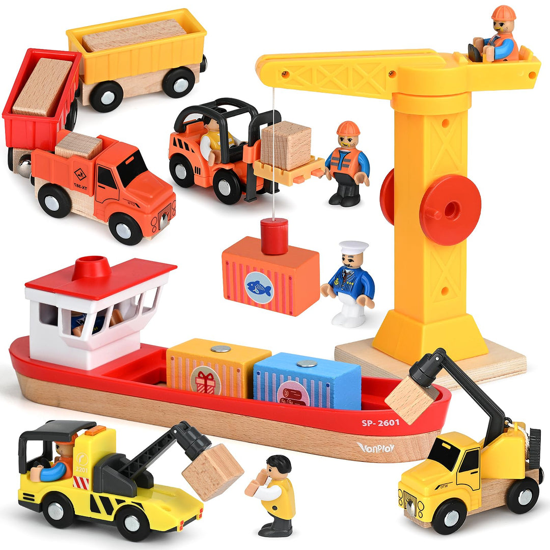 Vanplay Kran Spielzeug Baustellenfahrzeuge Kinder - Holz Baustelle Spielzeug ab 3 Jahre Junge mit Sc