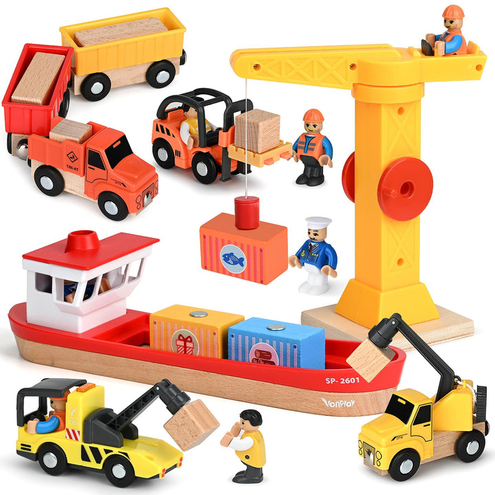 Vanplay Kran Spielzeug Baustellenfahrzeuge Kinder - Holz Baustelle Spielzeug ab 3 Jahre Junge mit Sc