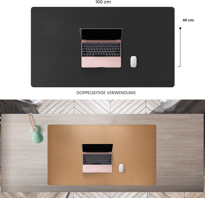 MAIDERN Schreibtischunterlage Kork & Leder 100 x 60cm, Doppelseitiges Schreibtischunterlage filz, Gr