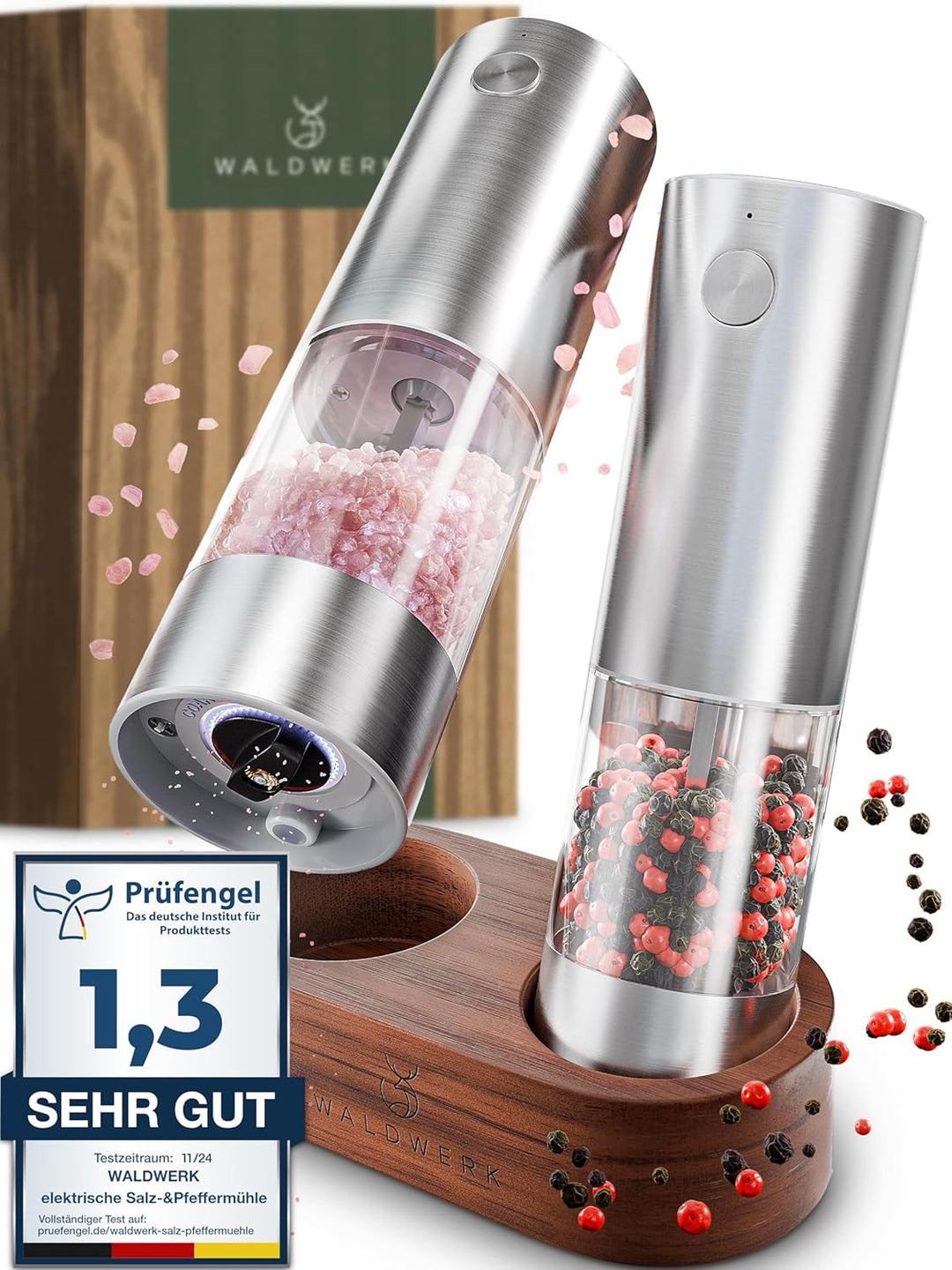 WALDWERK Elektrische Salz- und Pfeffermühle (300 mAh Akku) - Edle Akazie-Halterung - Elektrische Müh