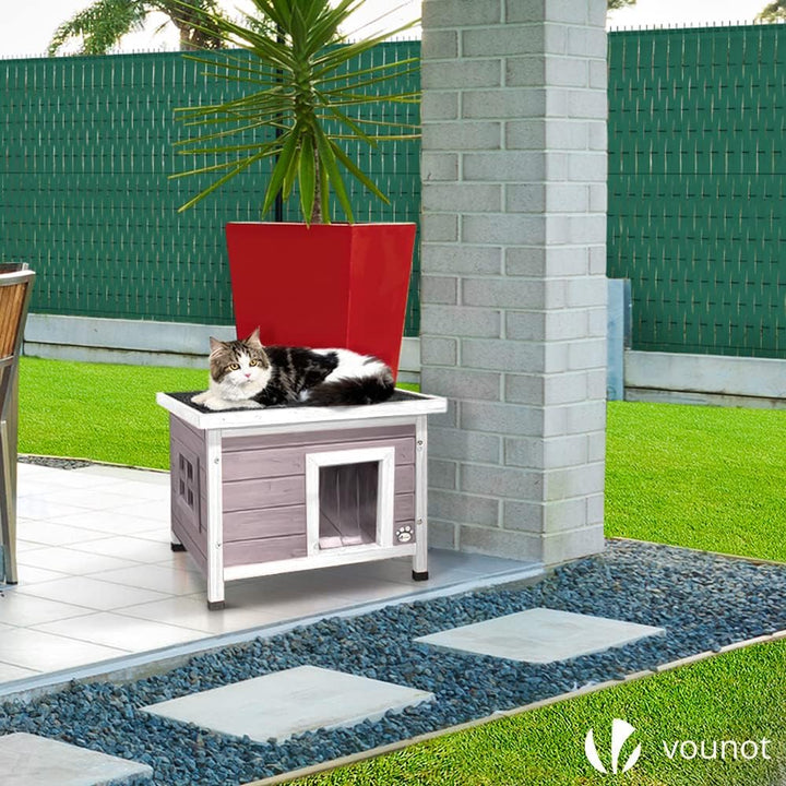 VOUNOT® Katzenhaus aus Holz, Katzen Haus mit Asphaltdach, Katzenhütte für Draussen Outdoor 57 x 45 x