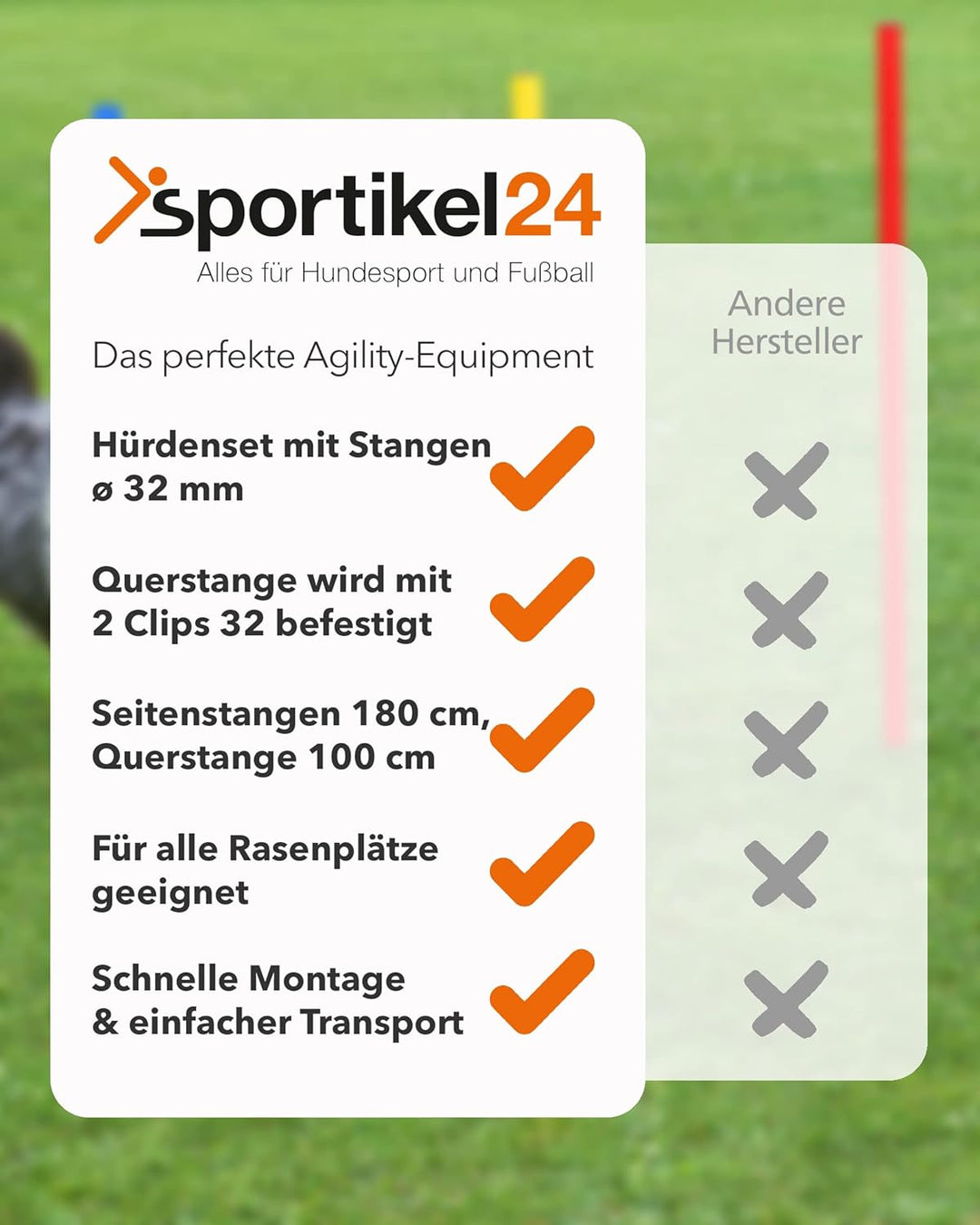Hürdenset – Slalomstangen ø 32 mm, 100 cm mit Metallspitze & höhenverstellbarer Querstange – stabile