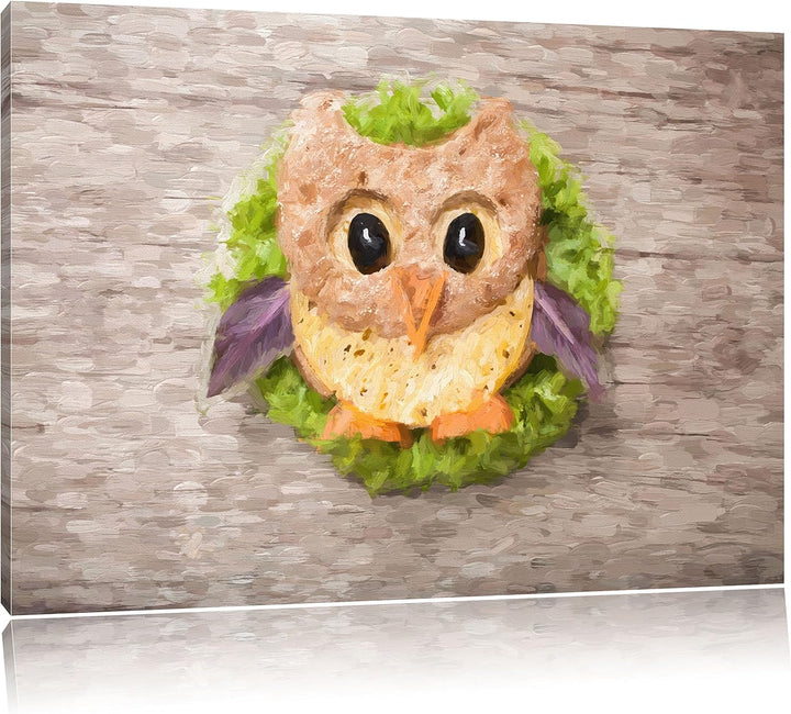 Pixxprint das lustige Eulen Sandwich Kunst / 100x70cm Leinwandbild bespannt auf Holzrahmen/Wandbild