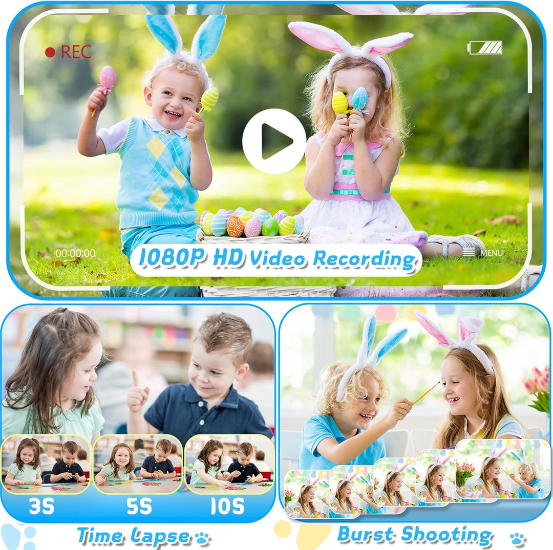 Kinderkamera mit 360°Rotierendes Zoomobjektiv, 3,5" Grosses Display, Kinder Kamera mit Selfies, LED-