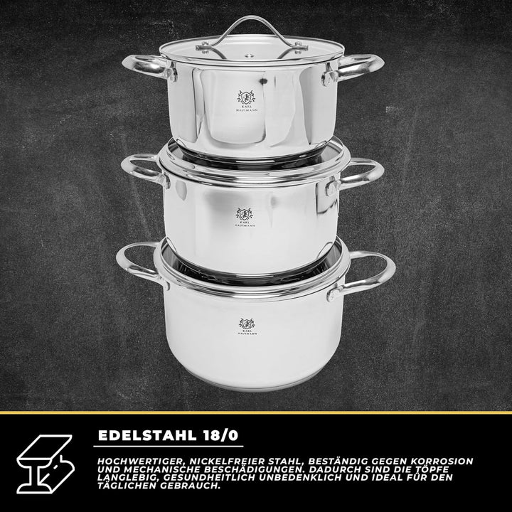 Topfset Induktion 3-teilig, Kochtopf Set mit Glasdeckel, Edelstahl mattiert, Induktions Töpfe Set un