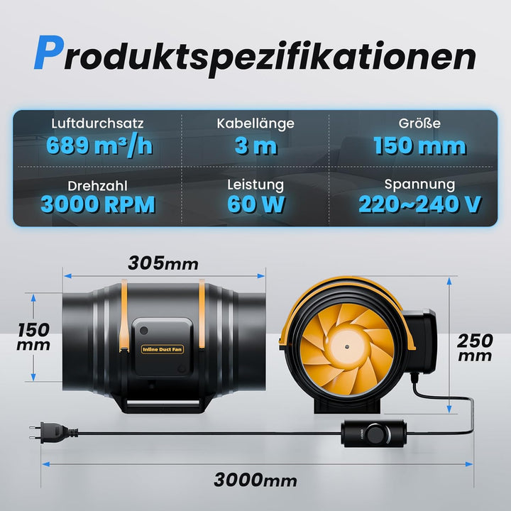 Regelbarer Rohrventilator 150 mm mit Drehzahlregler, Leiser Inline Abluftventilator für Rauchabzug &