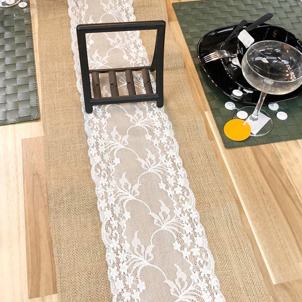 10 Stücke Tischläufer mit Spitze, Juteband Tischband Natur Hochzeit Deko Vintage Tischdeko Hochzeits