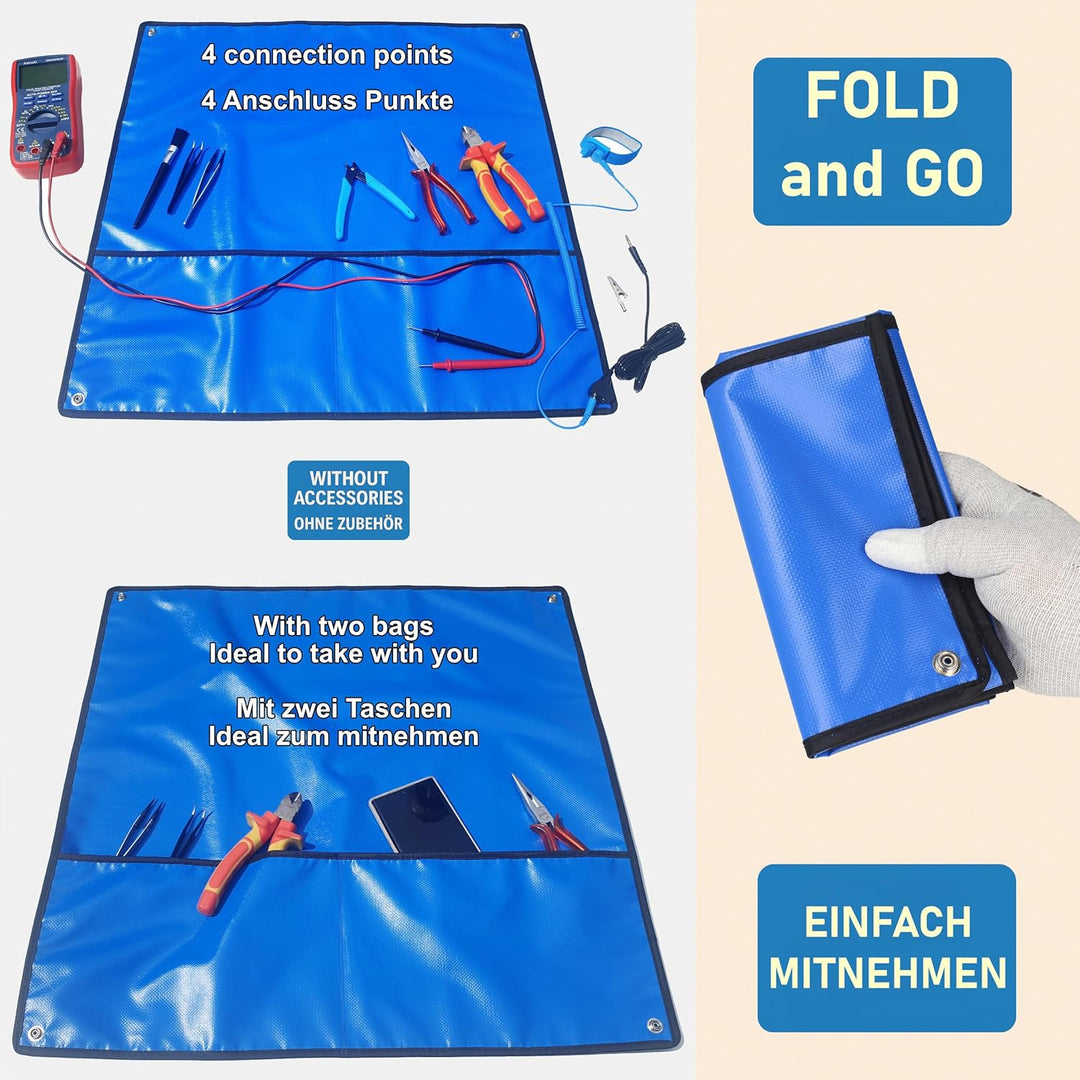 60×60 cm ESD SET Antistatische Arbeitsmatte Tischmatte Unterlage | Tragbar & Faltbar + Erdungstecker