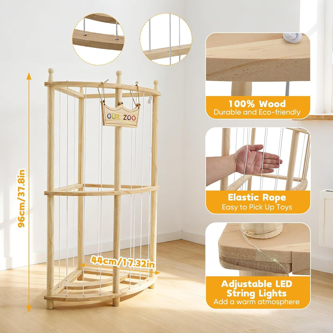 Eck Kuscheltier Aufbewahrung 2-stöckig aus Massivholz mit LED-Licht, 96×44×44cm Plüschtier Organizer