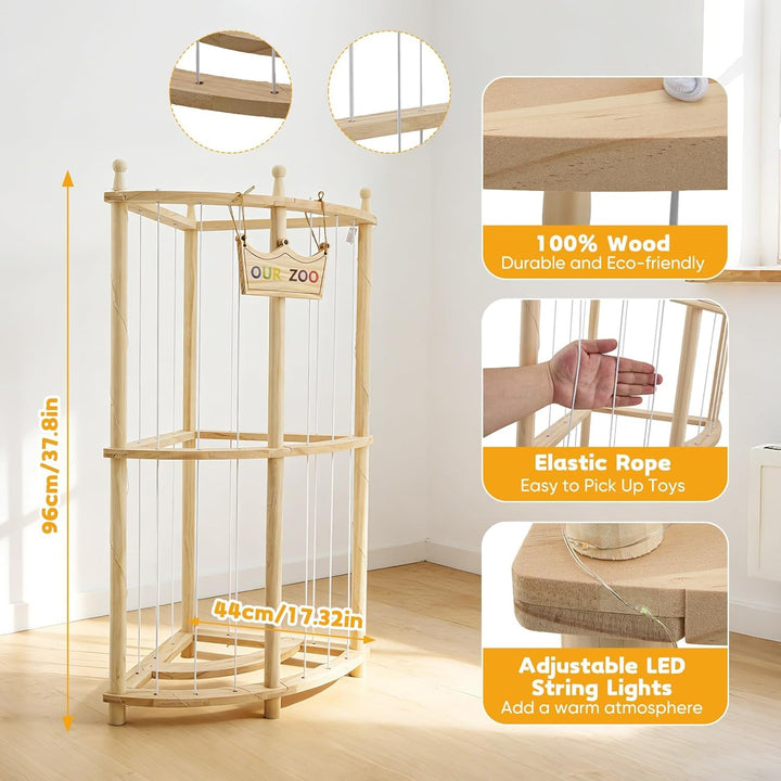 Eck Kuscheltier Aufbewahrung 2-stöckig aus Massivholz mit LED-Licht, 96×44×44cm Plüschtier Organizer