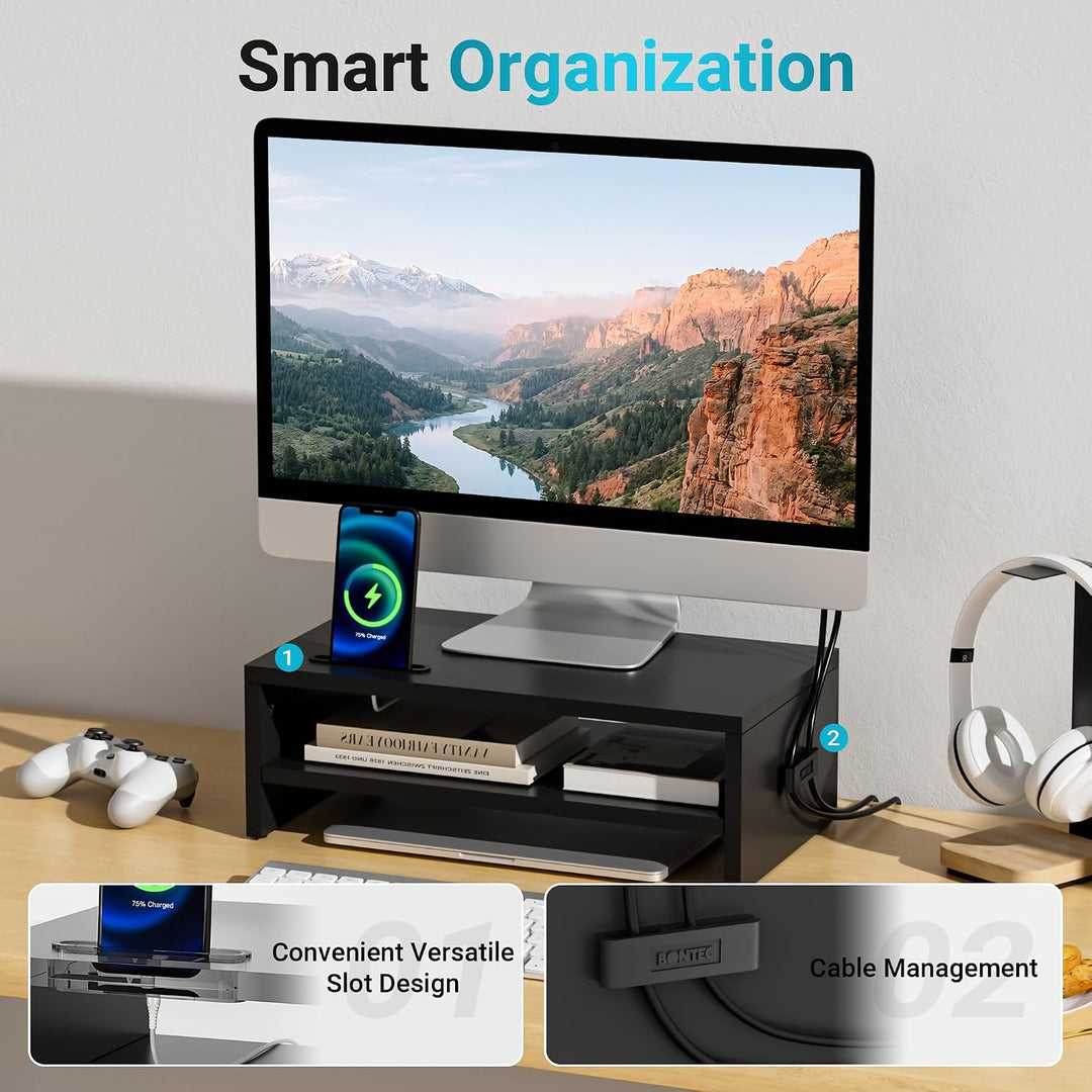 BONTEC Monitorständer, Unterbau Bildschirm, PC Bildschirm Ständer mit Handyhalter, Ergonomischem Lap