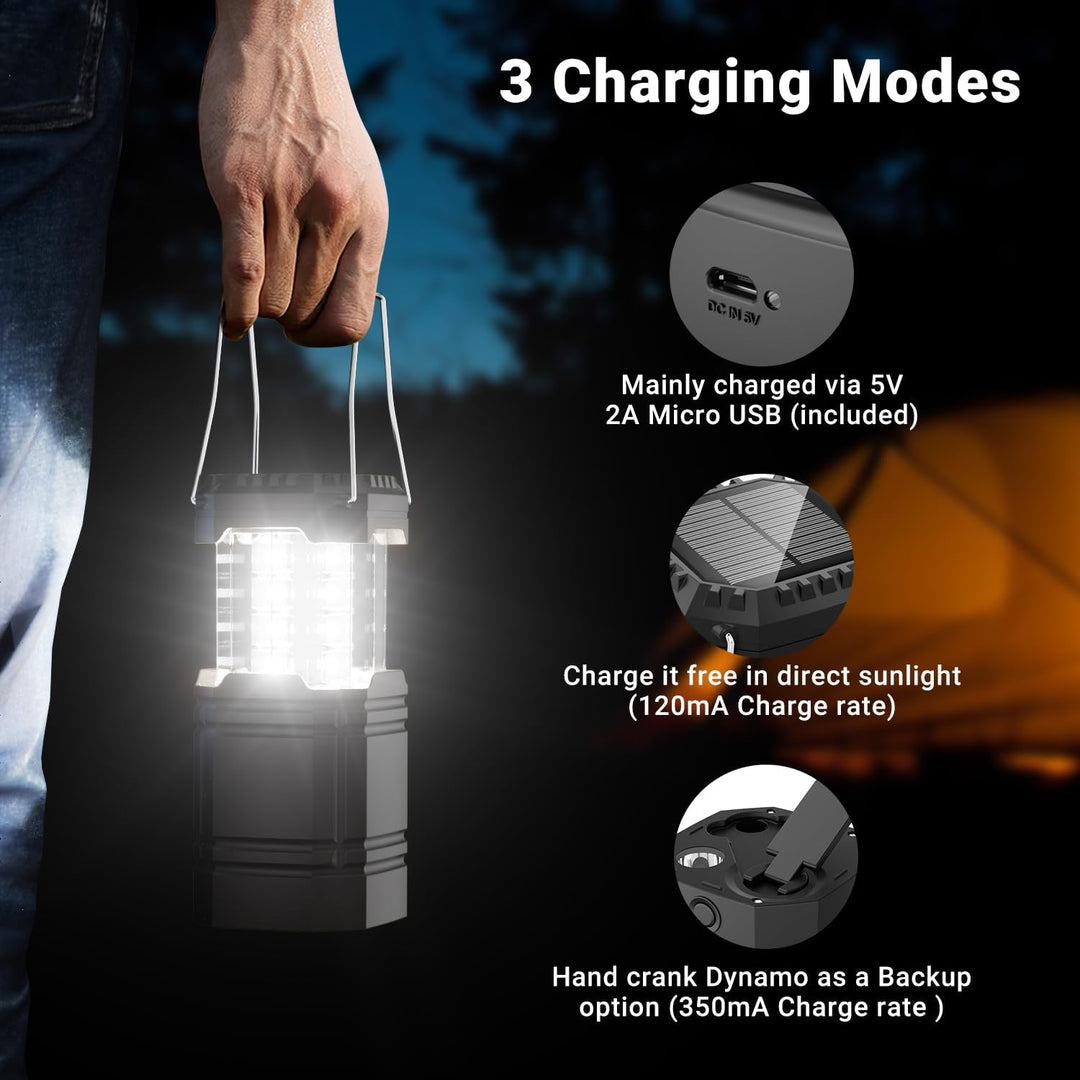 LED Campinglampe Solar, Wasserdicht LED Camping Laterne, Notfallleuchte mit Handkurbel, Eingebaute 3