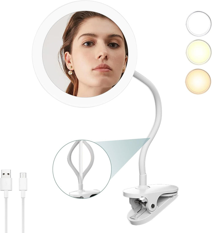 TUSHENGTU 16,5 cm Clip-on-Schminkspiegel mit Licht, Schwanenhals-Reise-Flachspiegel, USB-Aufladung (