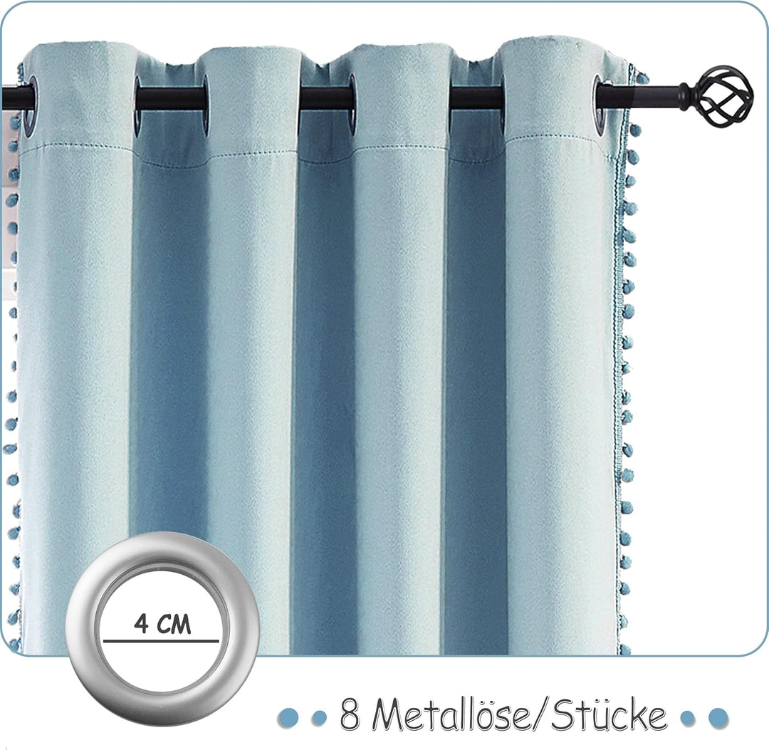 Treatmentex Blickdicht Vorhang mit Pompons Blau Vorhang mit Ösen Landhausstil Wärmeisoliert Thermovo