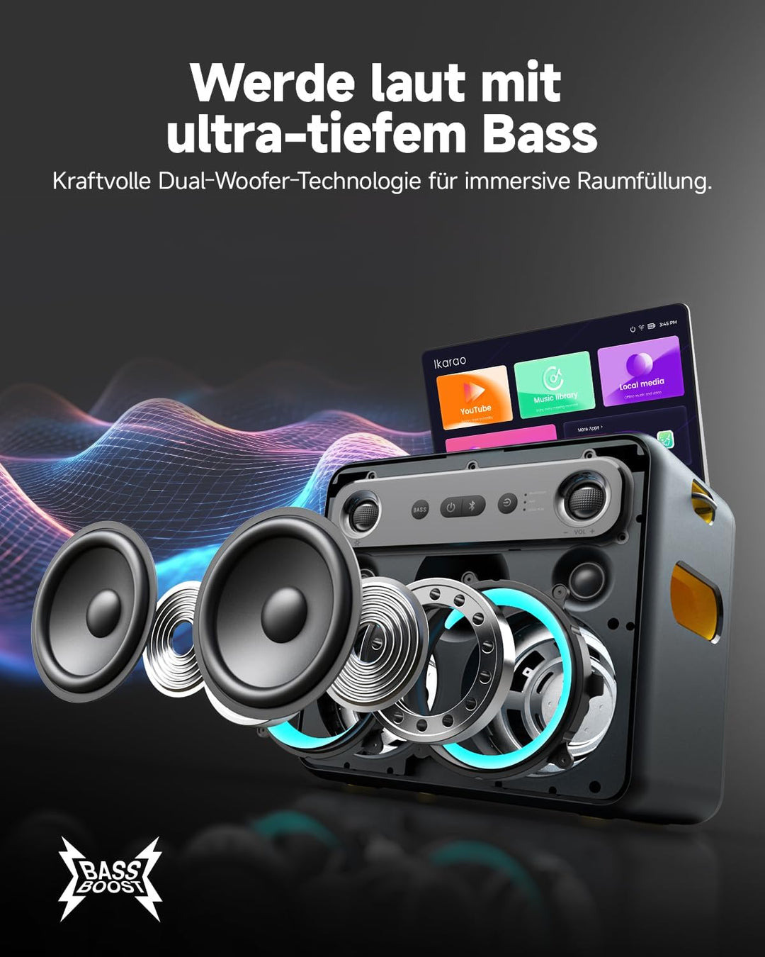 Karaoke-Maschine für Erwachsene – mit Songtextanzeige, 64 GB Karaoke-Tablet, 2 kabellose Mikrofone,