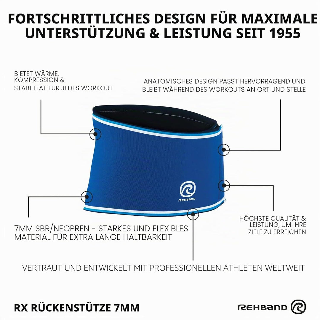 Rehband Rx Original Rückenbandage, 1 Stück, Rückenstütze 7mm Neopren, Fitness Rückengurt Blau L, Bla