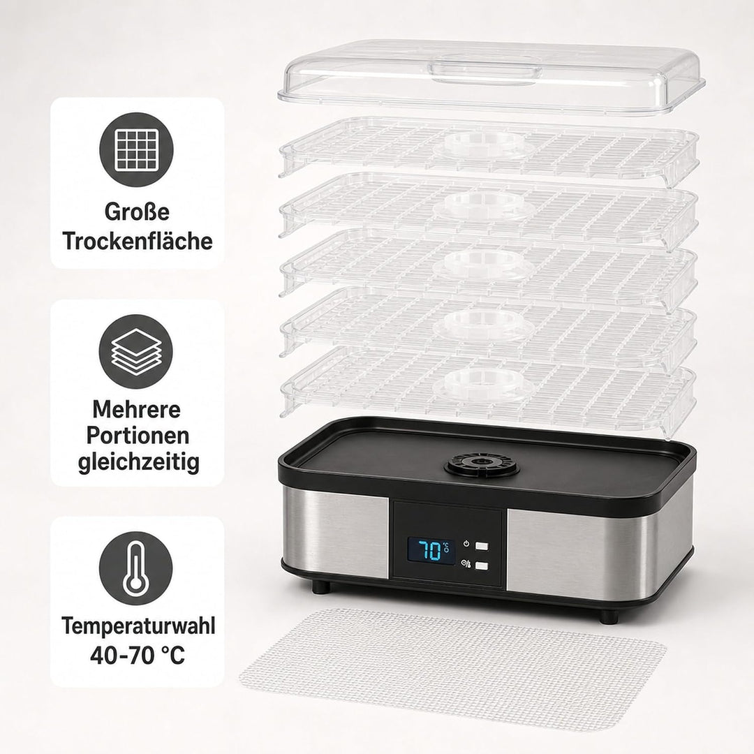 Edelstahl-Dörrgerät 350W mit 5 Einlegeböden, Temperatur 40-70°C, Zeitschaltuhr 1-36h, inkl. Kräuterm