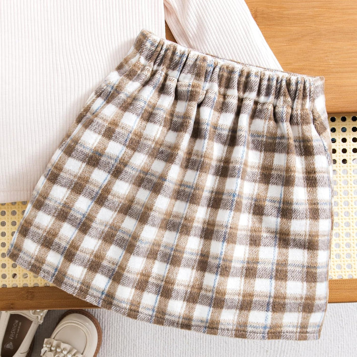 Baby Kinder Mädchen Kleidung Set Ruffle Gerippt Langarm Top Fliege karierten Rock 2PCS Frühling Herb