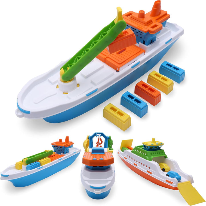 Toyland® 41cm (16") Buntes Frachtschiff mit Beweglichen Türen, Kran und 6 Kunststoffbehältern – Schw