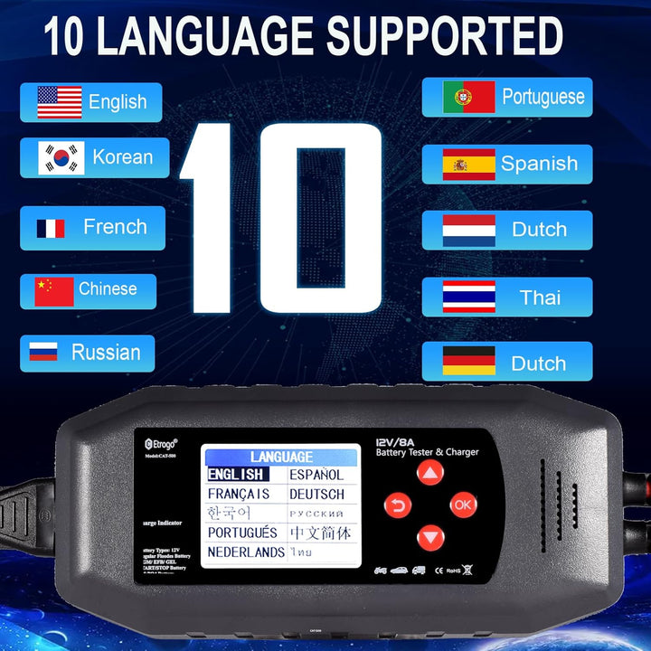 Smart Auto Batterie Ladegerät 12V 8A und Auto Batterie Tester,Multi-Languga Schnittstelle,Multi-Funk