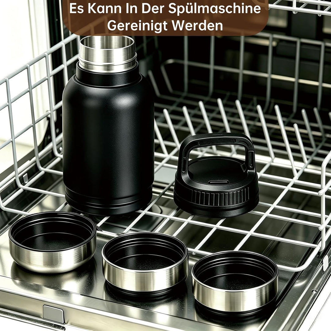 4-in-1 Trinkflasche Hunde für Unterwegs, Isolierte Edelstahl Hundetrinkflasche mit 3 Näpfen, Auslauf