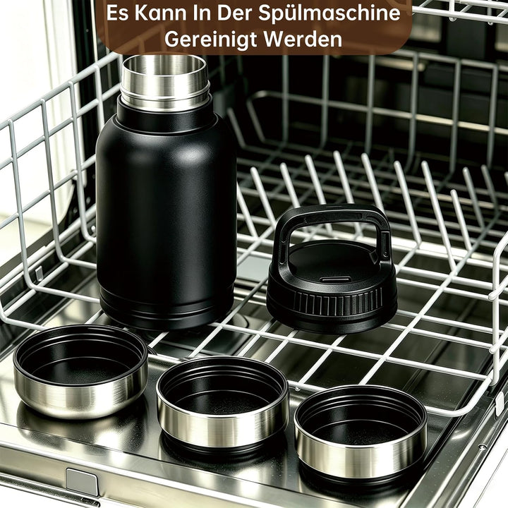 4-in-1 Trinkflasche Hunde für Unterwegs, Isolierte Edelstahl Hundetrinkflasche mit 3 Näpfen, Auslauf