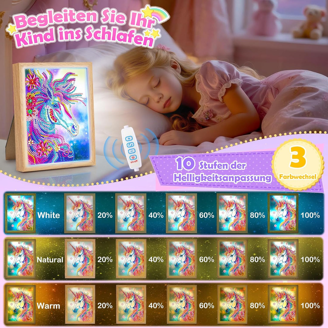 Geschenke Mädchen 5 6 7 8 9 10 11 Jahre Diamond Painting Kinder Einhorn Nachtlicht Bilderrahmen, Bas