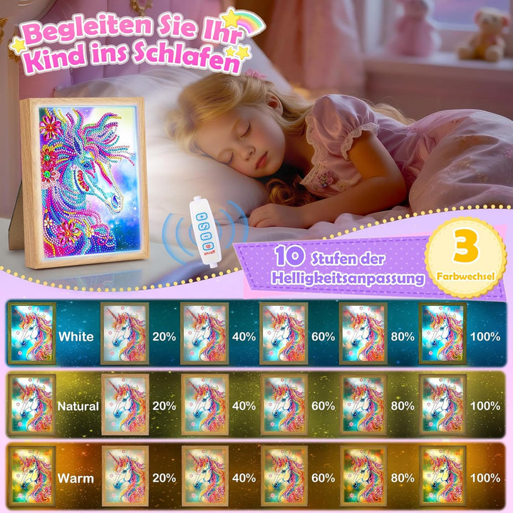 Geschenke Mädchen 5 6 7 8 9 10 11 Jahre Diamond Painting Kinder Einhorn Nachtlicht Bilderrahmen, Bas