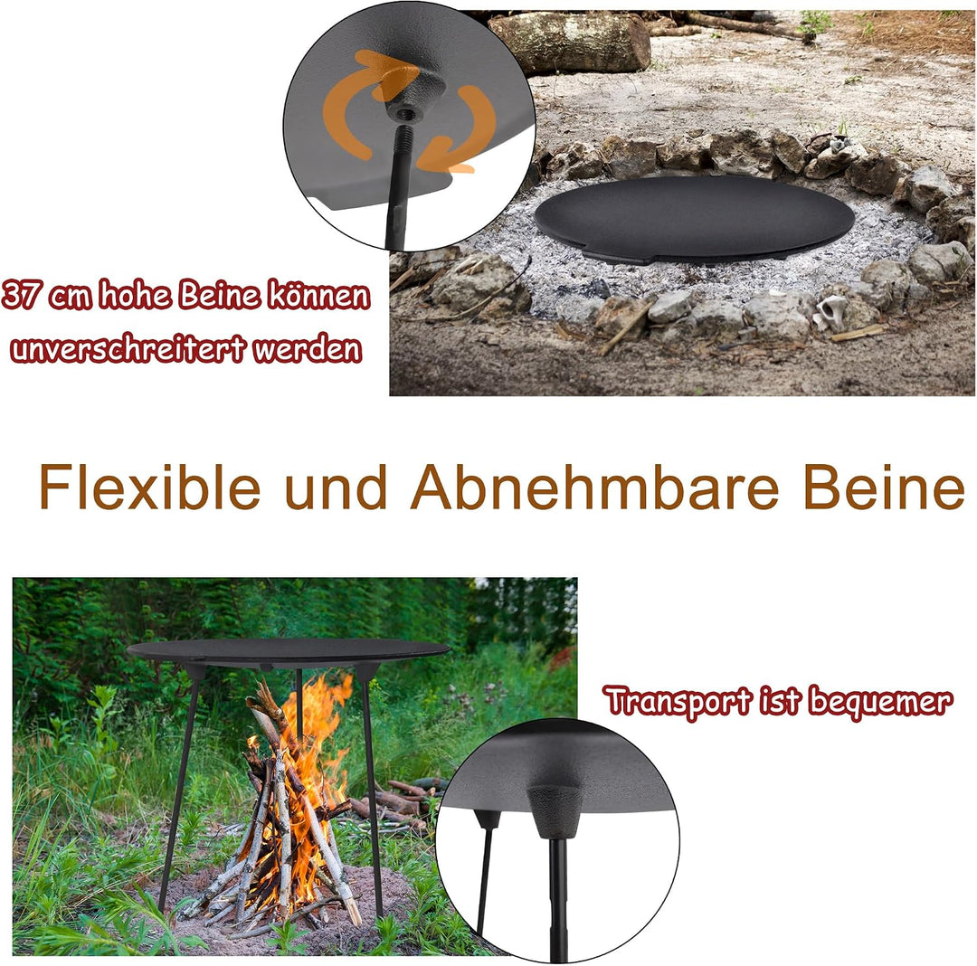 YRHome BBQ Gusseisen Grillplatte Rund Ø45 cm Dutch Oven Ständer Dreibein Grillplatte Grillpfanne mit