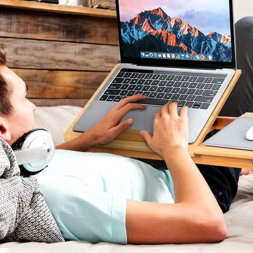 Ejoyous Laptoptisch Schreibtisch, Bambus Höhenverstellbar Tabletttisch Faltbar Notebooktisch Betttis