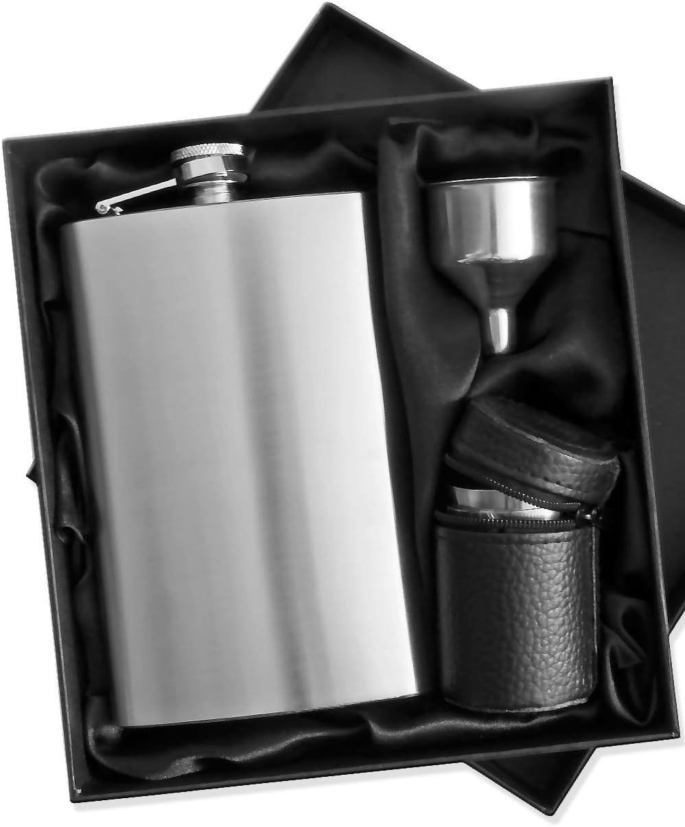 Edelstahl Flachmann Geschenk-Set, Brust-Flasche, Einfüll-Trichter, 4 Becher, Leder-Tasche, in Gesche