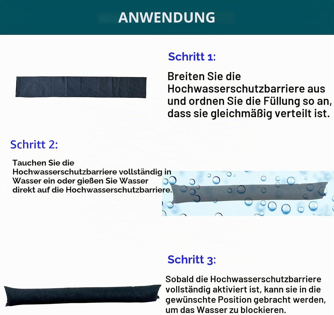 4 Stück Wasseraktivierte Hochwassersperre, 150 cm, für Haustür, Überschwemmungsbeutel ohne Sand für