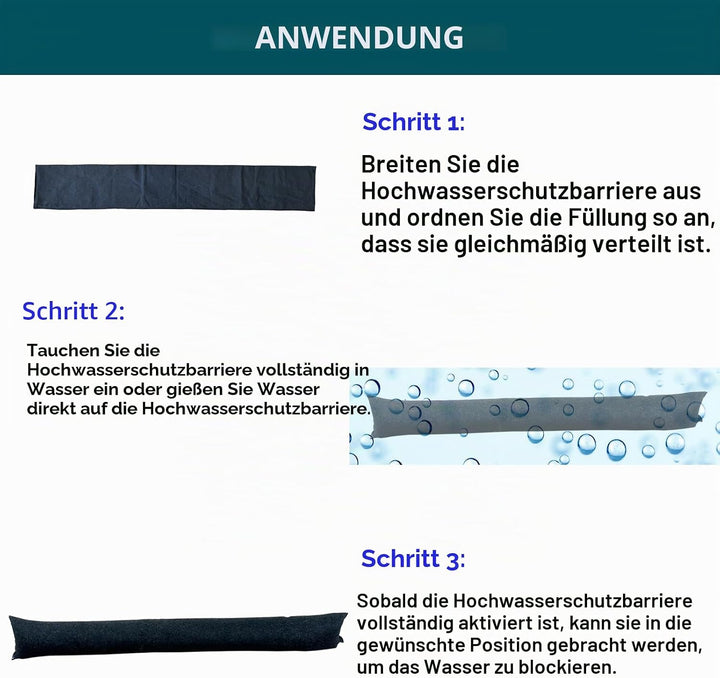 4 Stück Wasseraktivierte Hochwassersperre, 150 cm, für Haustür, Überschwemmungsbeutel ohne Sand für