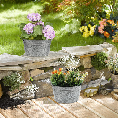 Relaxdays Zinkwanne 4er Set, verzinkte Blechwanne für Garten, ovale Kübel, Dekowannen, HxBxT: 15,5x2