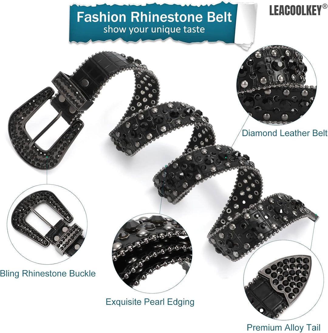 LEACOOLKEY Damen Männer Mode Strass Gürtel, Western Cowgirl Nieten Punk PU Ledergürtel für Jeans M:P