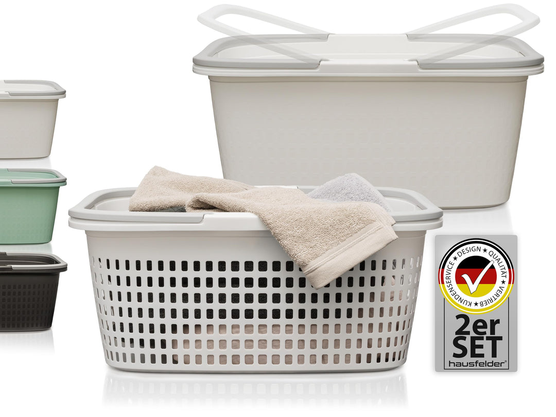 Hausfelder Wäschekorb + Wäschewanne mit Henkel 2er Set 35L Weiss – Kunststoff Tragewanne 58x37x25cm,