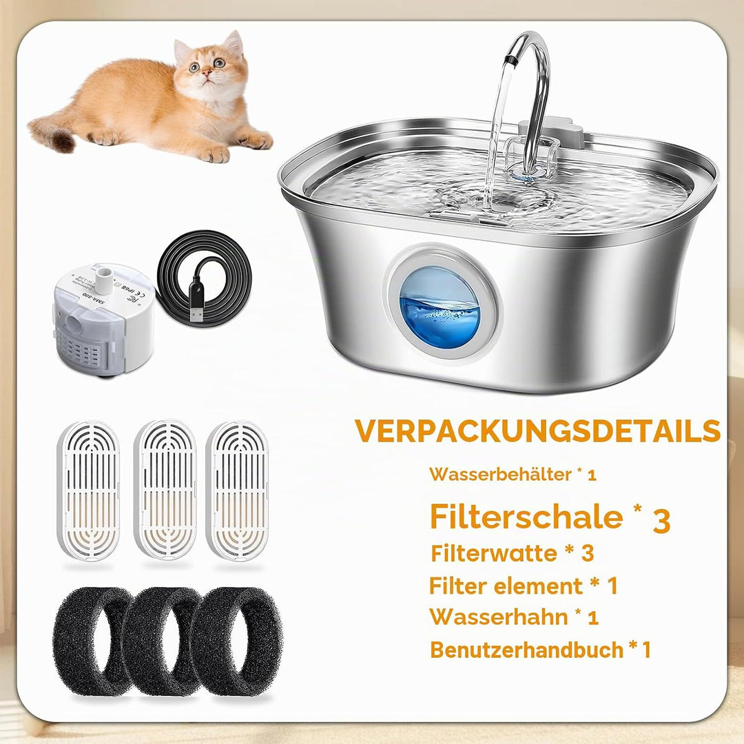 Katzenbrunnen‌, ‌Edelstahl-Trinkbrunnen für Katzen‌, 3,2L Trinkbrunnen für Katze mit 3 Filterkern, ‌